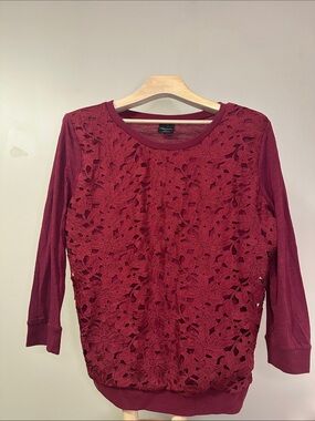 Wallpapher Burgundy Floral Lace Overlay 3/4 Sleeve Blouse Top Women’s XL